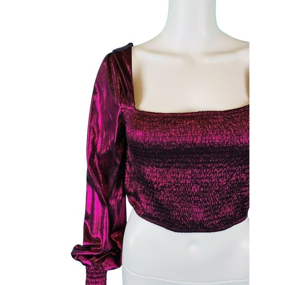 Peach Puff Crop Top Women's Medium Magenta Smocked Long Sleeve Shirt Disco - Picture 4 of 8